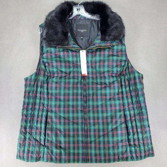 New Talbots Plaid Down Puffer Vest Removable Faux Fur Collar Sz 2X Green Black - Picture 1 of 6
